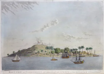 Vista este de Poolo Chinco en la costa de Sumatra, la residencia de W. Grant Esq., grabado por James Moffat, 1802